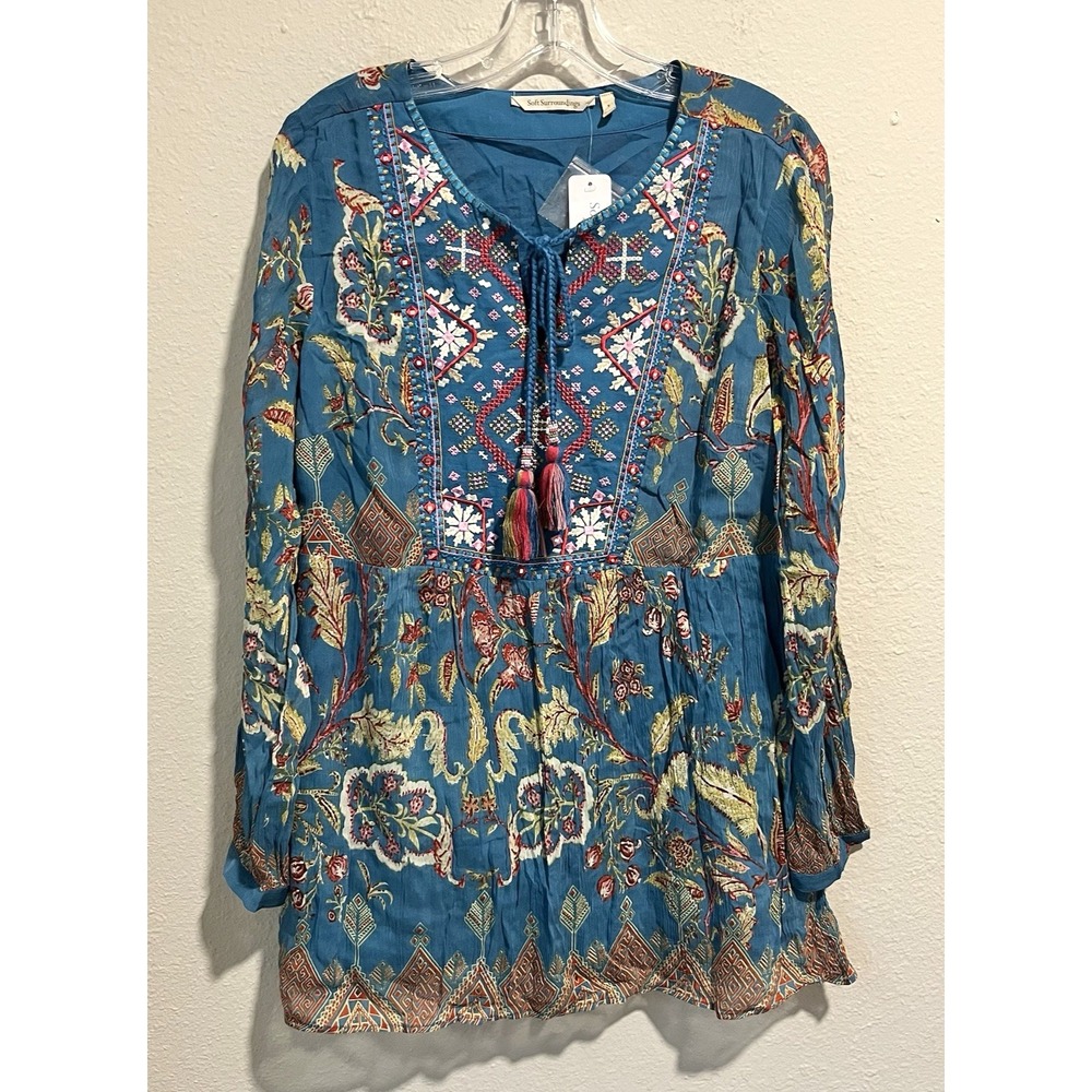 NWT Soft Surroundings Mirapani Tunic Top Small Embroidered Boho Floral Peasant